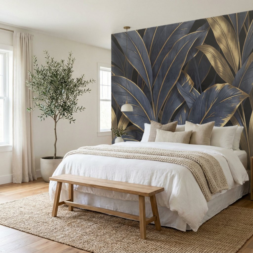 Art Deco Tropical Leaf Wallpaper Mural – Gold Botanical Design